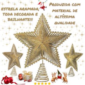 Estrela 24cm Brilhante Aramada Com Glitter Para Árvore De Natal Metalizado